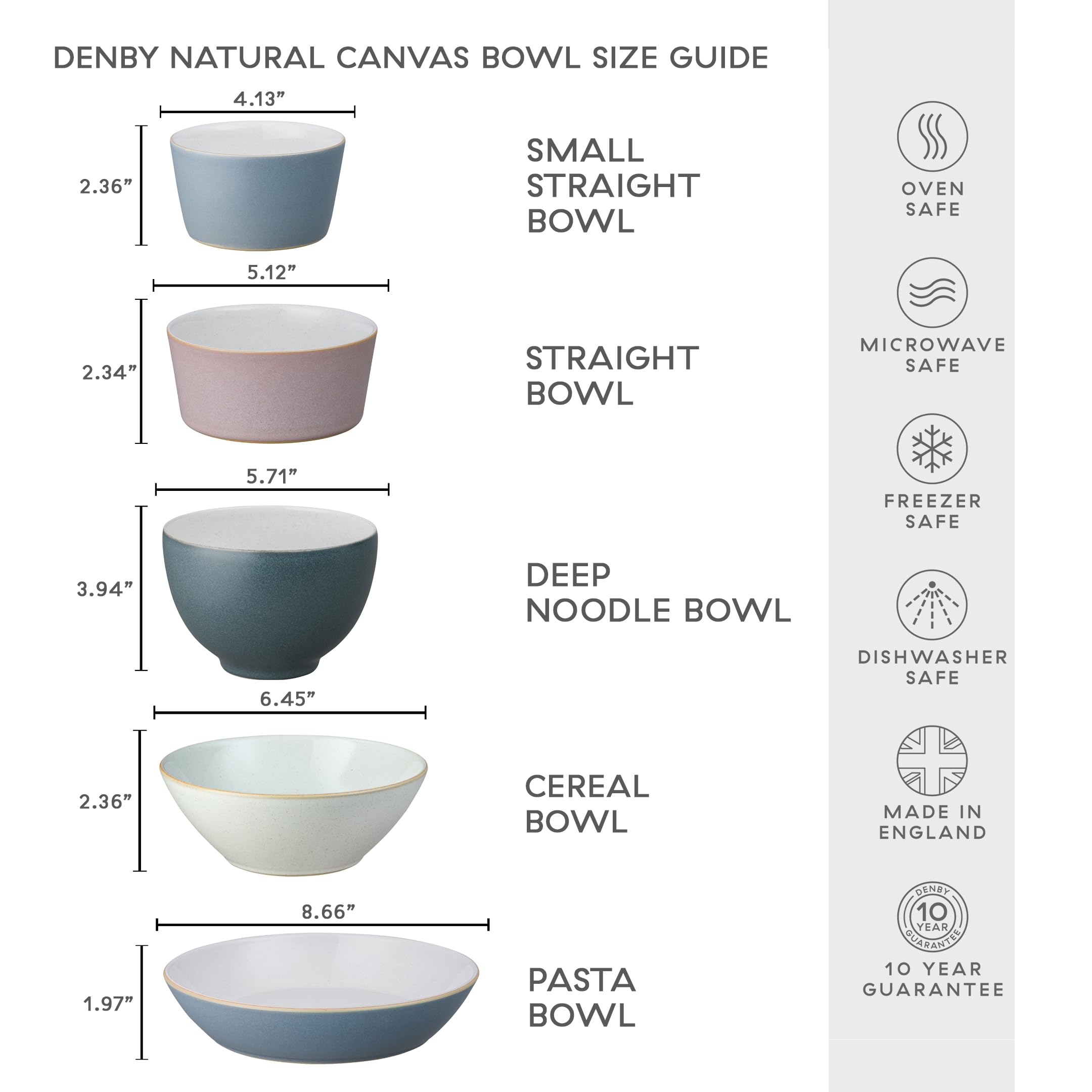 Denby Impression Mixed Color Straight Bowls Set of 4 - 13.5oz Microwave & Dishwasher Safe Ceramic Stoneware Rice Bowls - Pink, Cream, Blue & Black - Perfect for Dining, Meal Prep & Serving Dishes