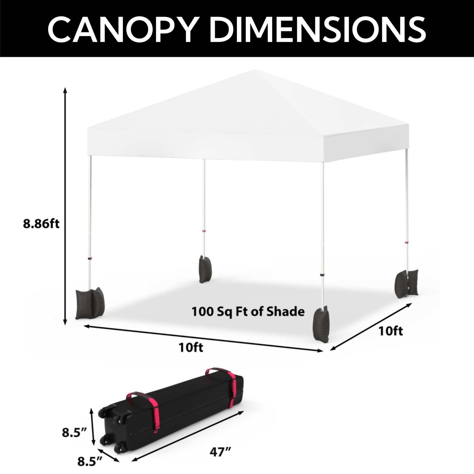 10x10ft Pop Up Canopy Tent - Easy 1-Person Setup Instant Shelter with Roller Bag | Includes 4 Weight Bags, 4 Ropes & 8 Stakes | Perfect for Beach Parties, Camping, Outdoor Events & Commercial Use - White