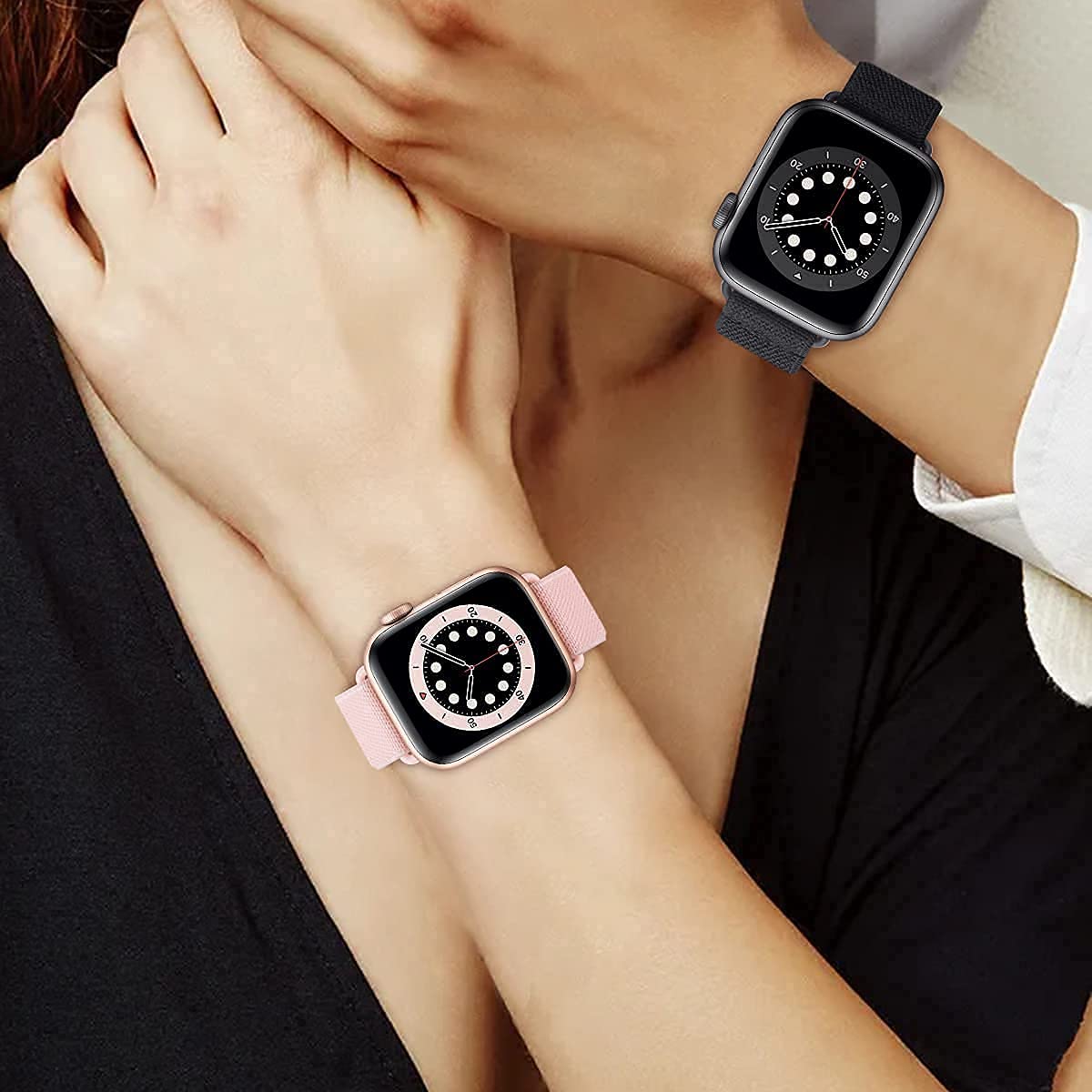 2 Pack Sport Elastic Nylon Apple Watch Bands 44mm 42mm - Adjustable Lightweight Breathable Stretch Strap for iWatch Series 6/5/4/3/2/1/SE - Perfect for Running, Gym Workouts & Daily Wear (Black/Pink Sand)