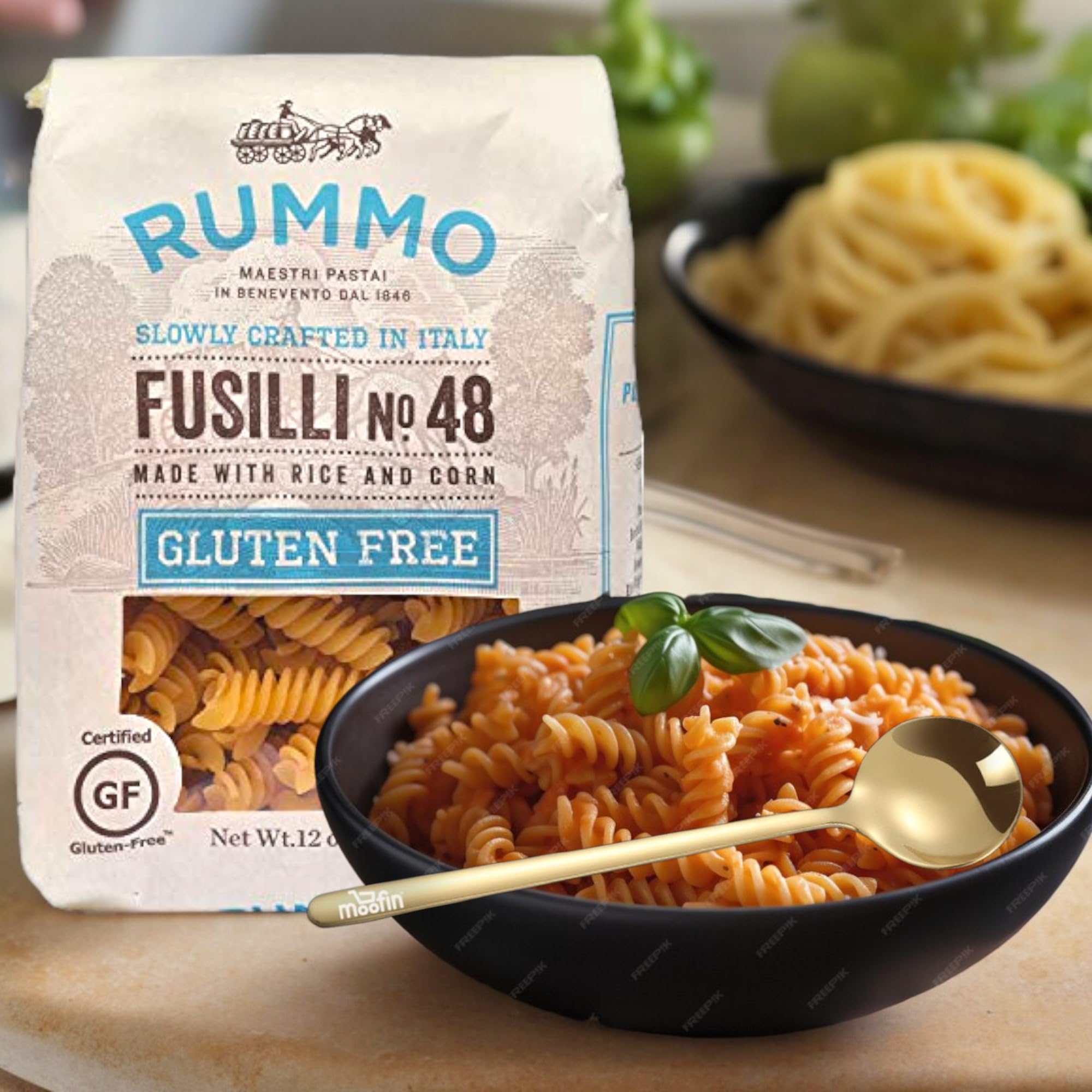Rummo Gluten-Free Italian Pasta Fusilli No.48 | 11.7 Oz Corn & Rice Spiral Noodles | Authentic Taste | Bundle with Golden SS Spoon | Certified Non-GMO | Perfect for Vegan, Keto & Celiac Diets | Great for Pasta Salads, Casseroles & Family Dinners [Pack of 3]