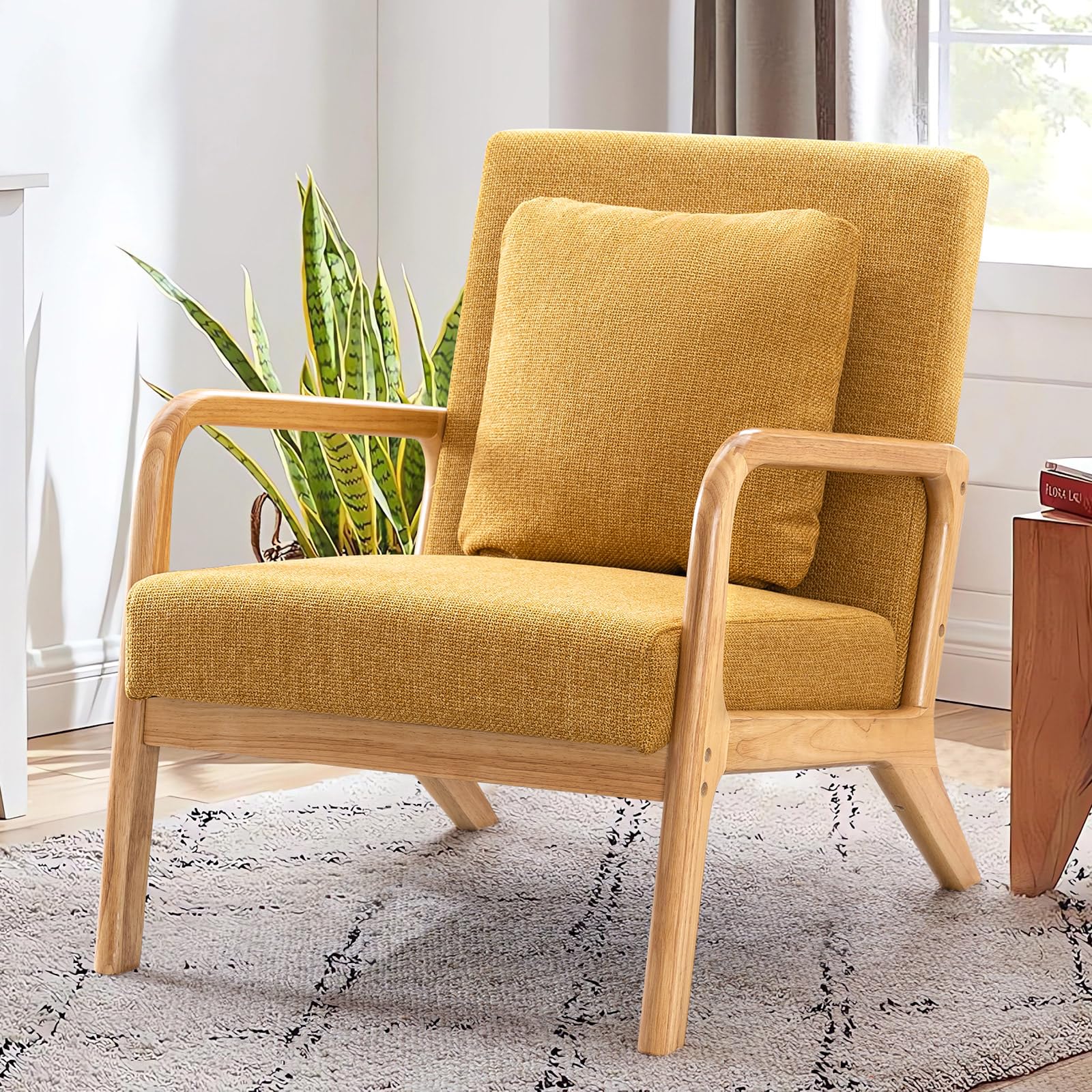 Mid-Century Modern Accent Chair - Solid Wood Frame Armchair with Soft Cushion & Pillow for Living Room, Bedroom, Balcony | Comfortable Deeper Sitting Chair in Yellow | Perfect for Reading Nook, Lounge Area & Home Office Decor