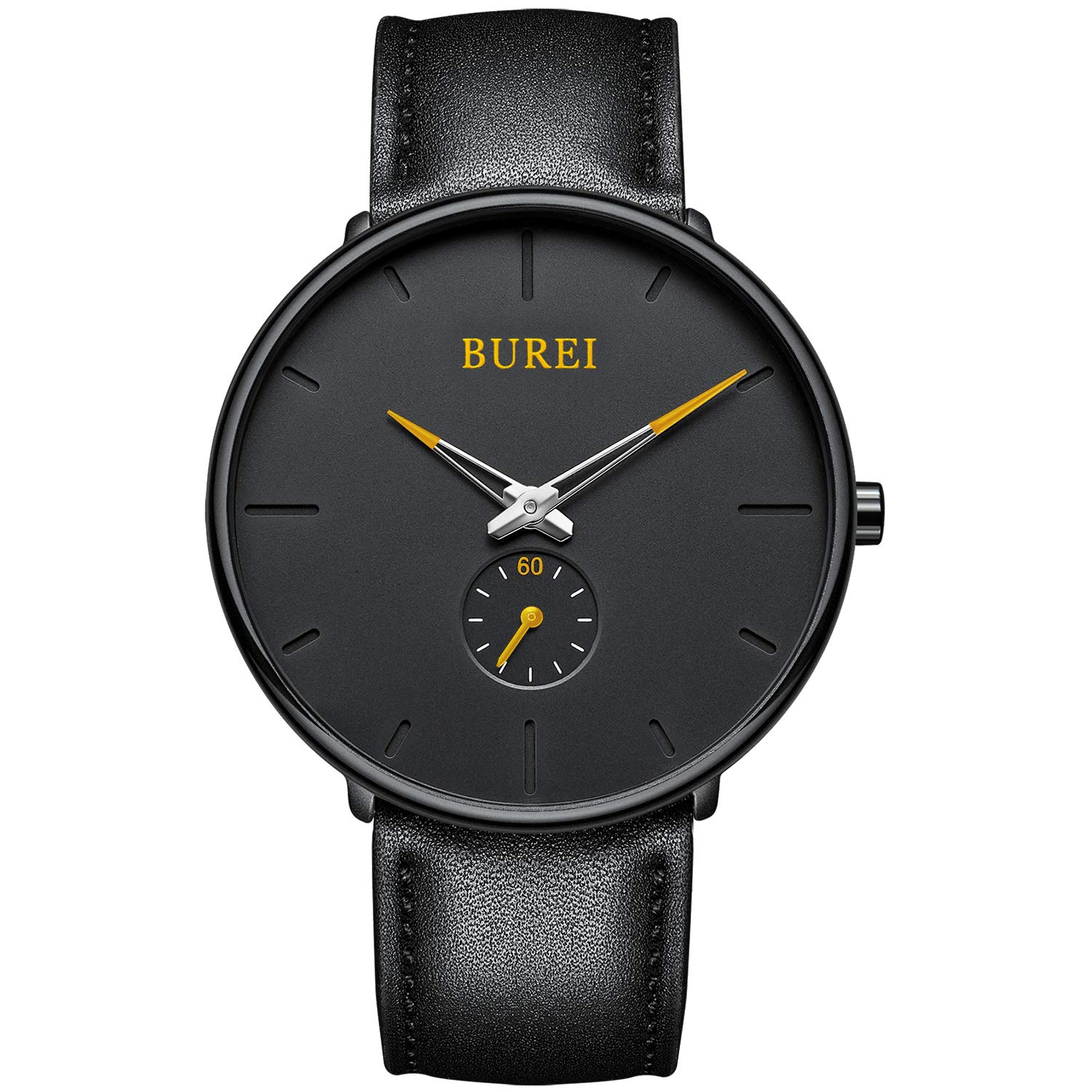 BUREI Men's Minimalist Analog Watch - Waterproof Stainless Steel Case with Black Dial & Genuine Leather Strap - Perfect for Business, Casual Wear & Everyday Use