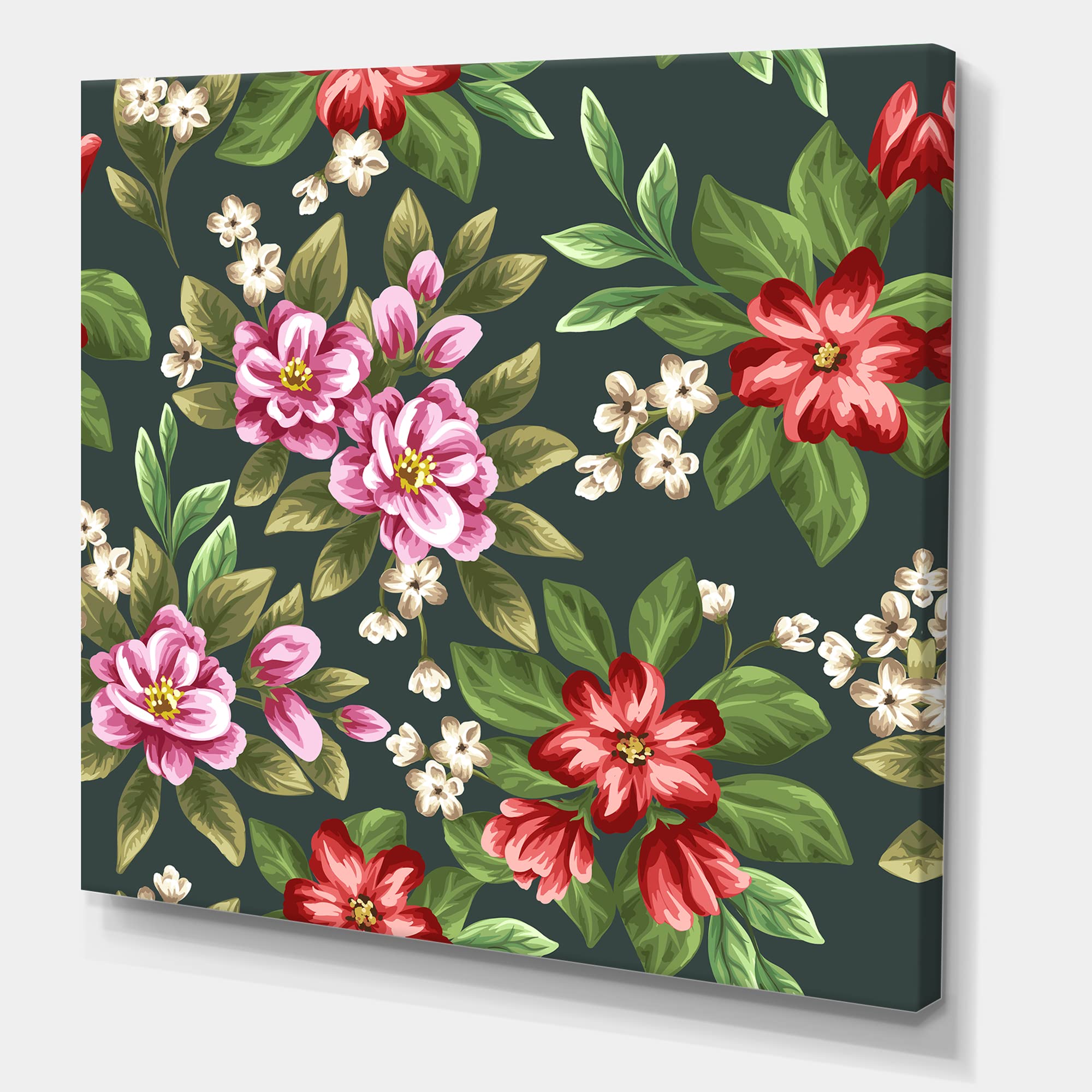 DesignQ Vintage Pink and Red Wildflowers Traditional Canvas Wall Art - Floral Home Decor for Living Room, Bedroom & Office