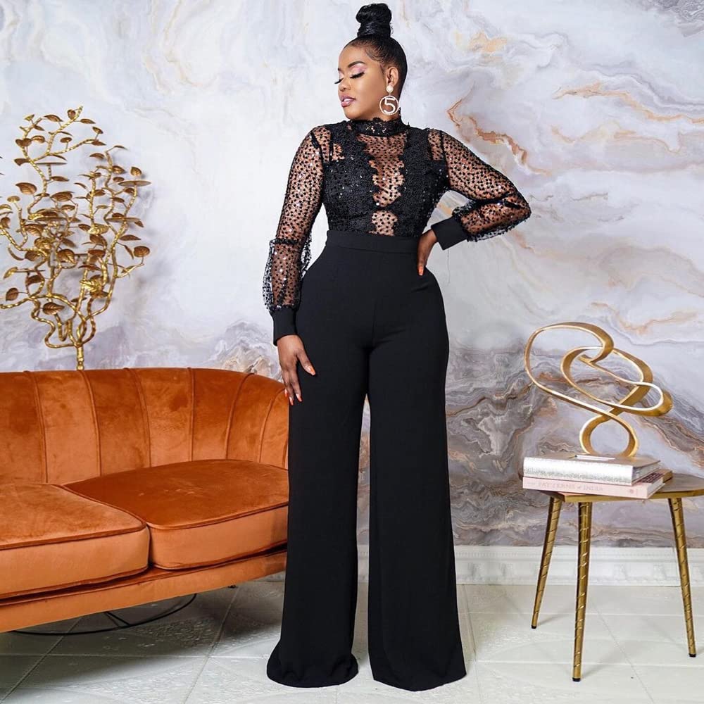 Sexy Rhinestone Mesh Jumpsuit for Women - See Through Wide Leg Romper | Perfect for Club Wear, Night Out & Party Outfits