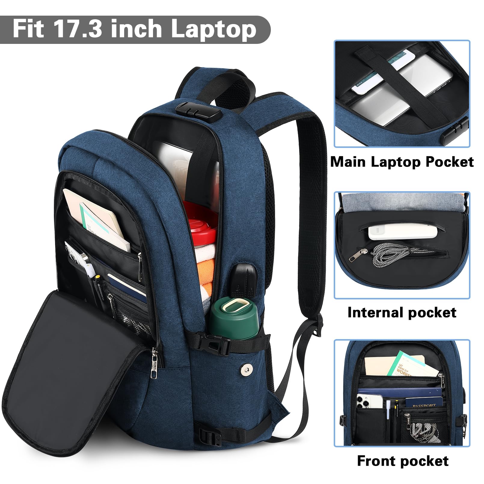 Anti-Theft 17.3 Inch Travel Laptop Backpack with USB Charging Port & Headphone Jack - Water-Resistant Business Computer Backpack for College, Work, Commuting - Perfect for Students, Professionals & Frequent Travelers (Blue)
