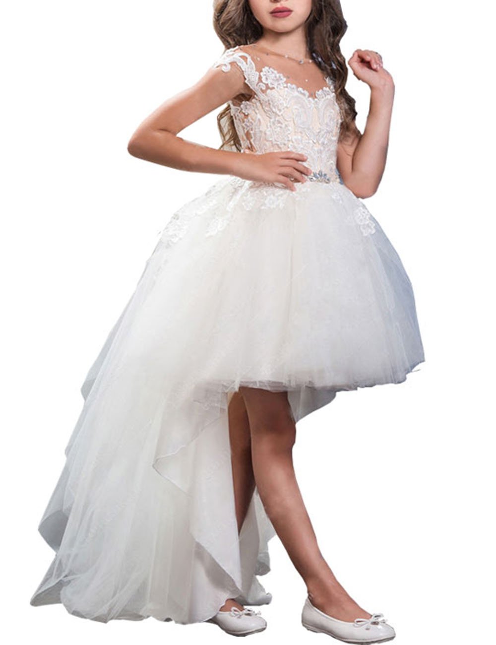Mulanbridal Hi-Lo Flower Girls Dress for Weddings - Lace Pageant Formal Gown for Wedding Party & Special Occasions | Perfect for Flower Girls, Pageants, and Formal Events