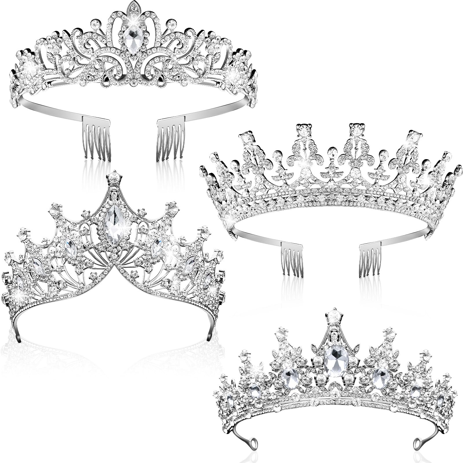4 Pack Silver Queen Crowns for Women - Rhinestone Pageant Tiara Headband with Combs for Princess, Birthday, Cosplay, Wedding & Special Events - Elegant Party Accessories for Brides, Pageants & Costumes