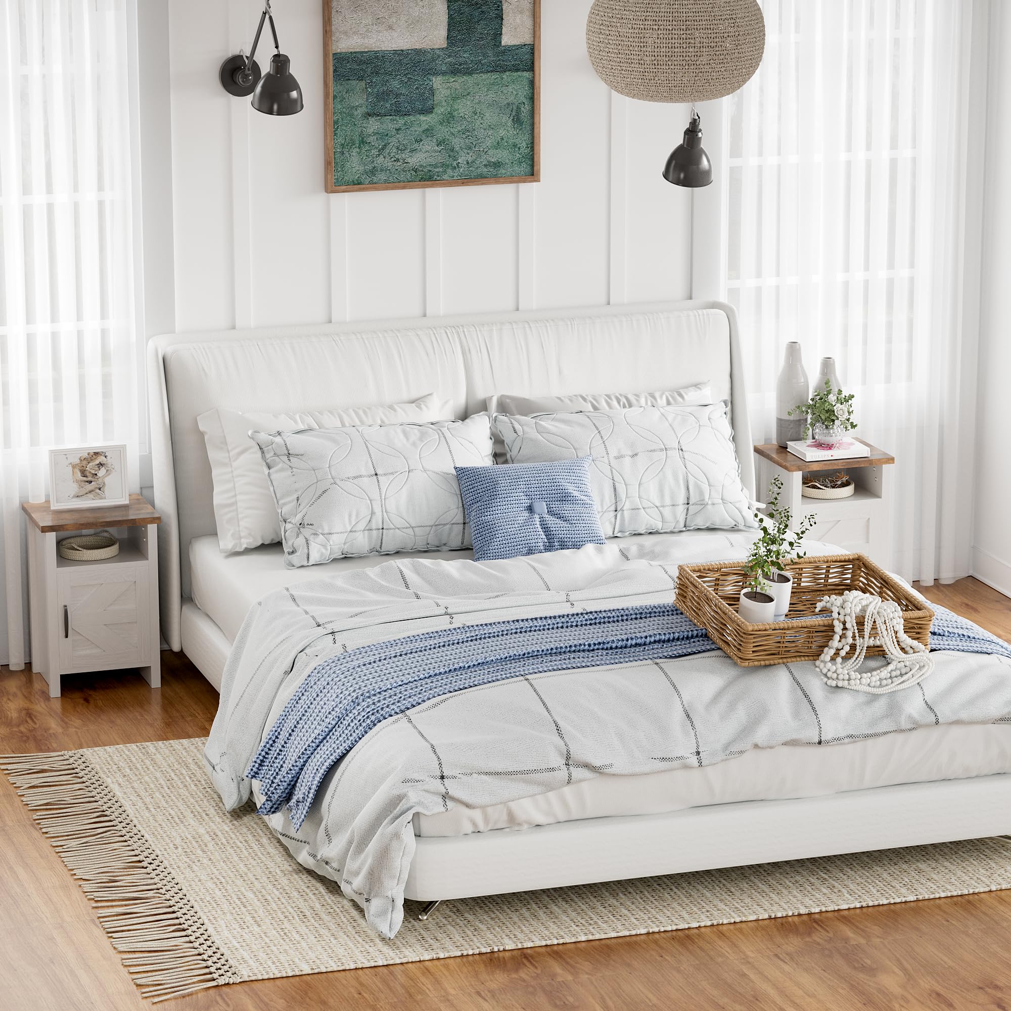YESHOMY Modern Farmhouse Nightstand with Shelf & Barn Door - Set of 2 White Bedside Tables for Bedroom | Perfect for Rustic, Industrial & Contemporary Home Decor