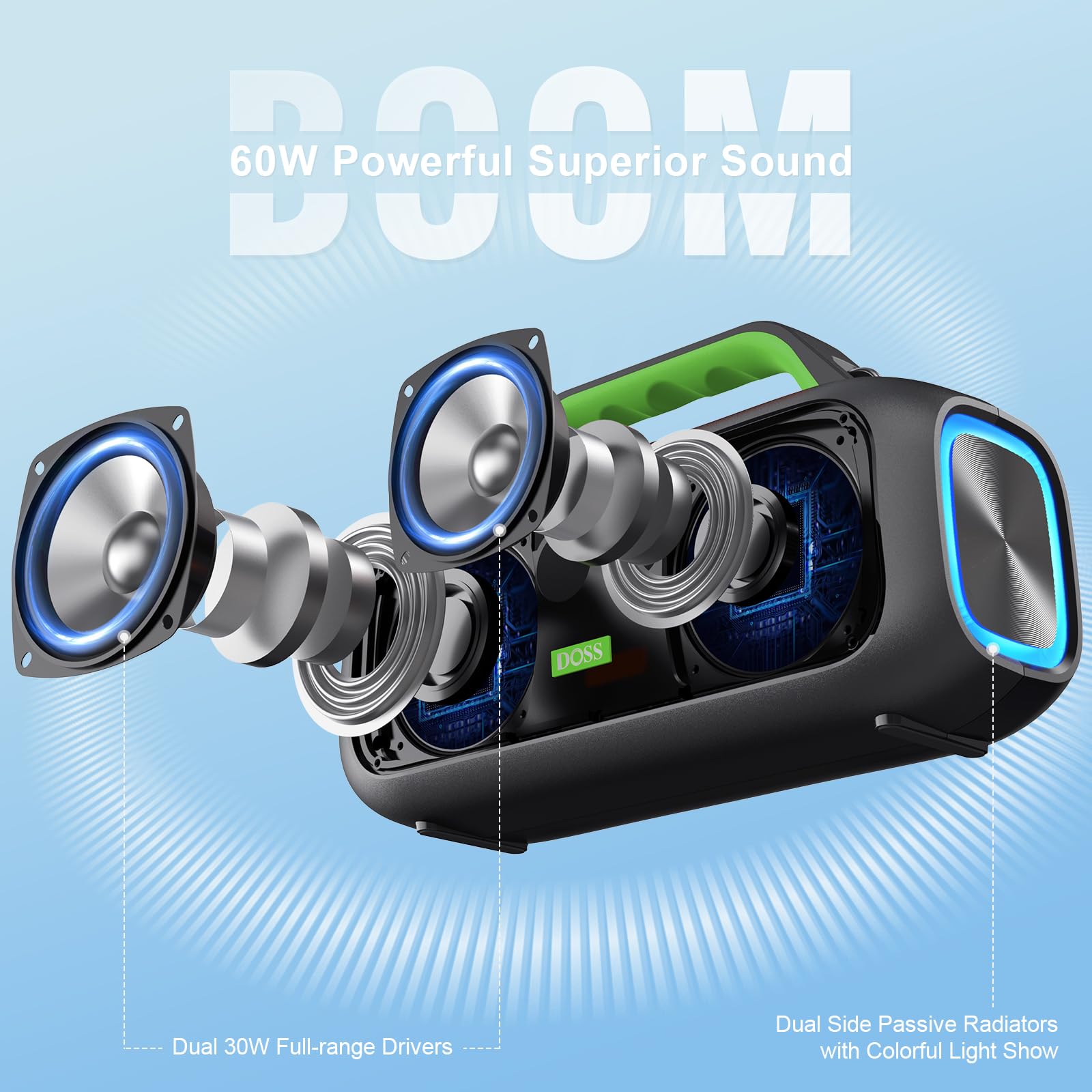 DOSS Extreme Boom S Bluetooth Speaker - 60W Wireless Portable Speaker with Stereo Sound, Rich Bass, IPX6 Waterproof, 25H Playtime, TWS & LED Lights - Perfect for Camping, Beach, Pool Parties, Hiking & Outdoor Adventures (Green)