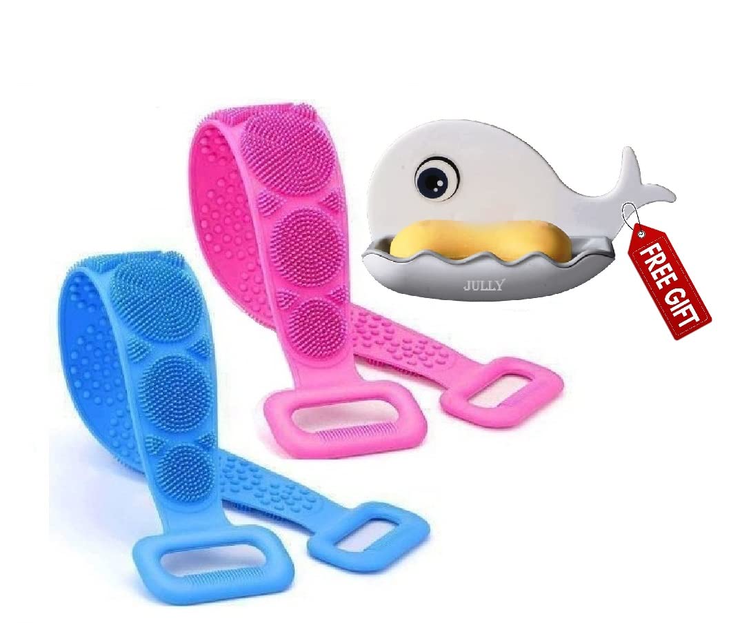 JULLY 2-Pack Silicone Body Back Scrubber Bath Brush with Fish-Shaped Soap Dish Holder - Exfoliating Shower Brush Belt for Deep Cleansing & Skin Care (Multi Color) - Perfect for Bath, Shower & Spa Relaxation
