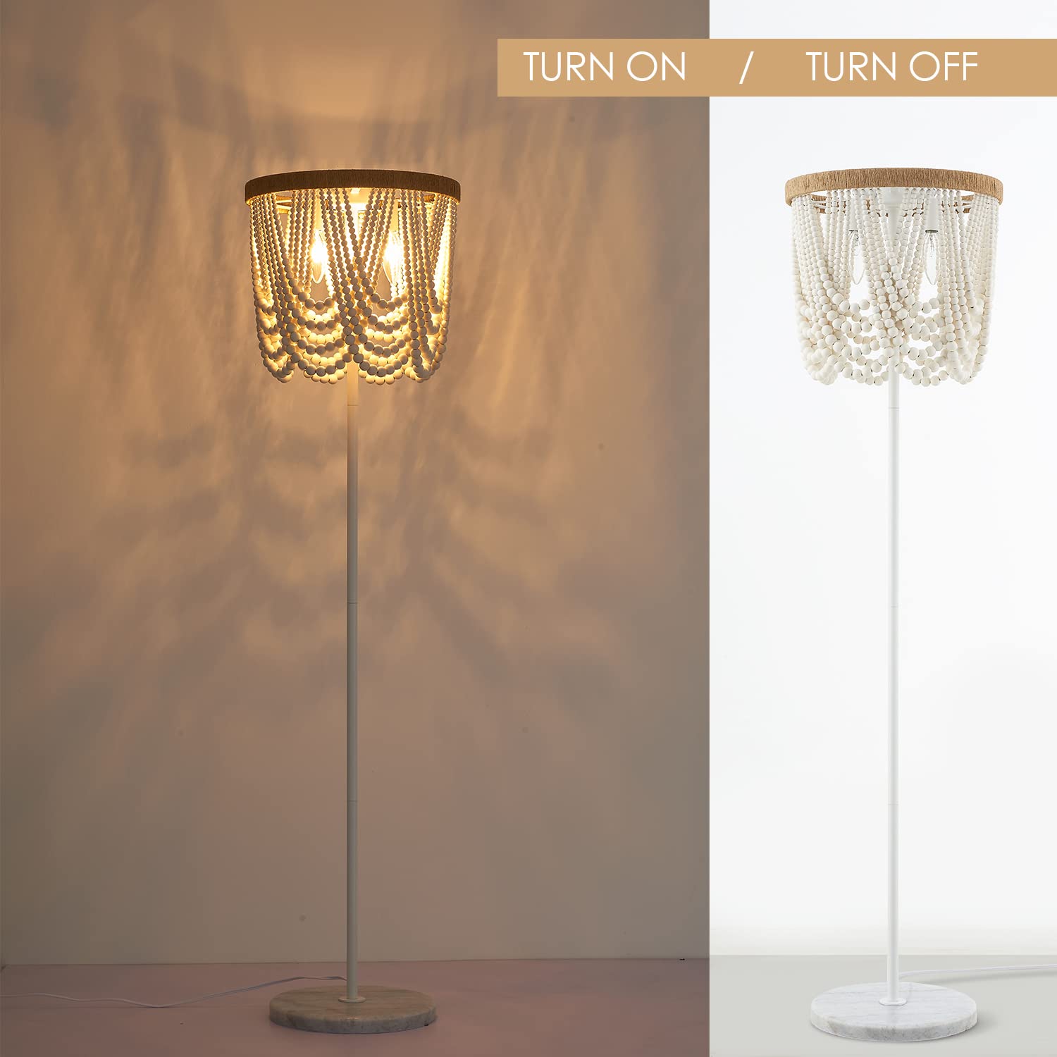 VILUXY Bohemian Wood Beaded Floor Lamp - Antique Rustic White Finish 3-Light Chandelier for Bedroom, Nursery, Dining Room & Girls Room | Perfect for Boho Home Decor, Farmhouse Living Room & Cozy Reading Nook