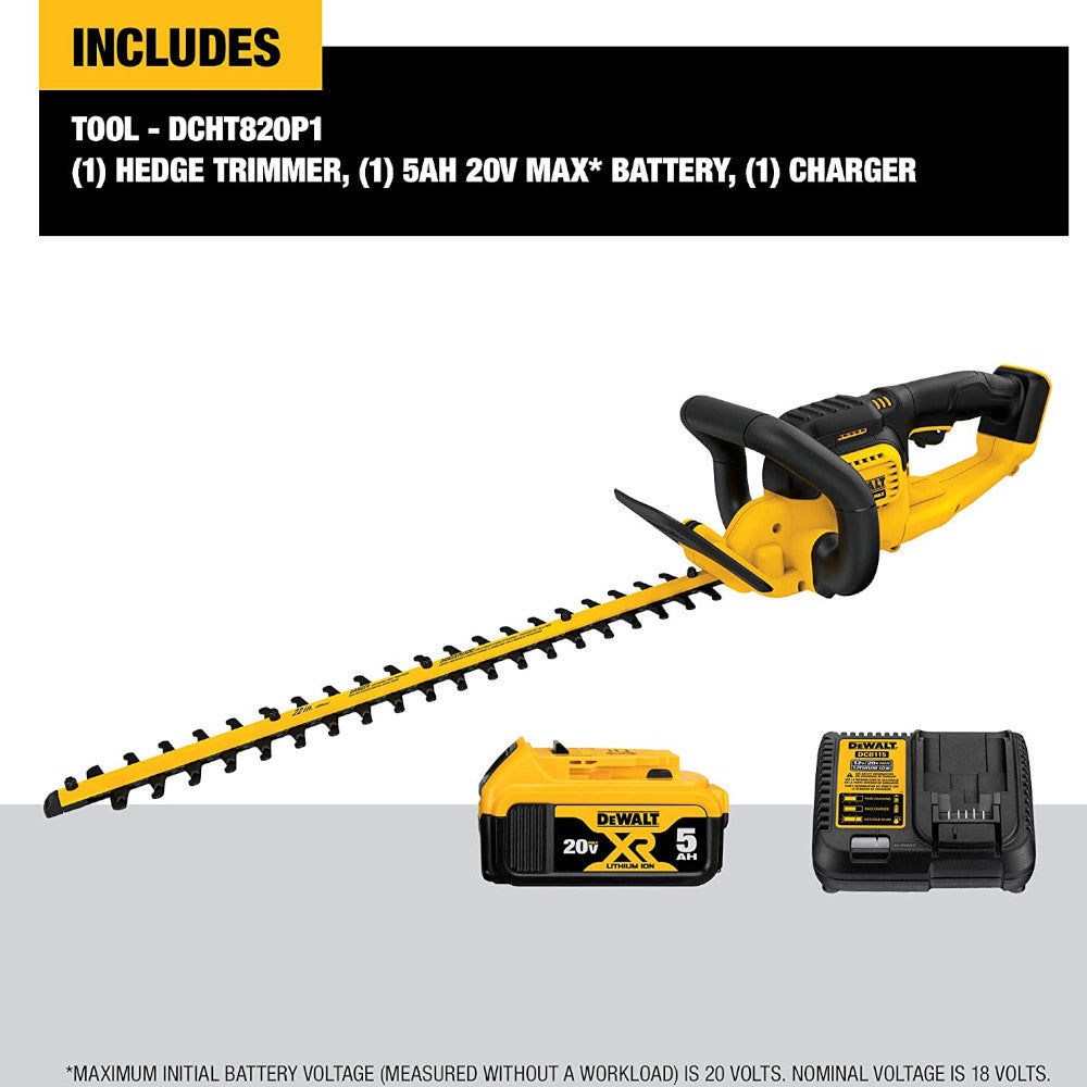 DEWALT 20V Max Cordless Hedge Trimmer with 5Ah Lithium-Ion Battery | Refurbished with Warranty | DCHT820P1 | Perfect for Landscaping, Yard Maintenance & Professional Gardening