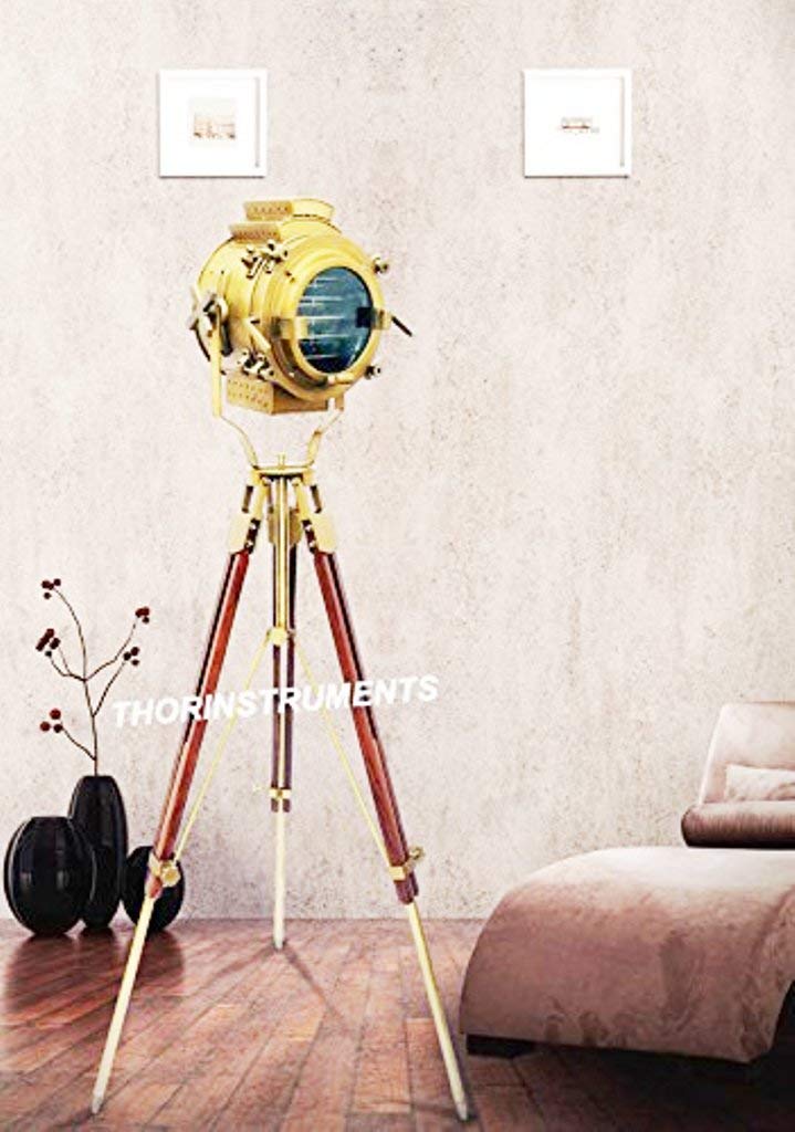 Vintage Nautical Spotlight Lamp with Wooden Tripod - Rustic Home Decor for Living Room