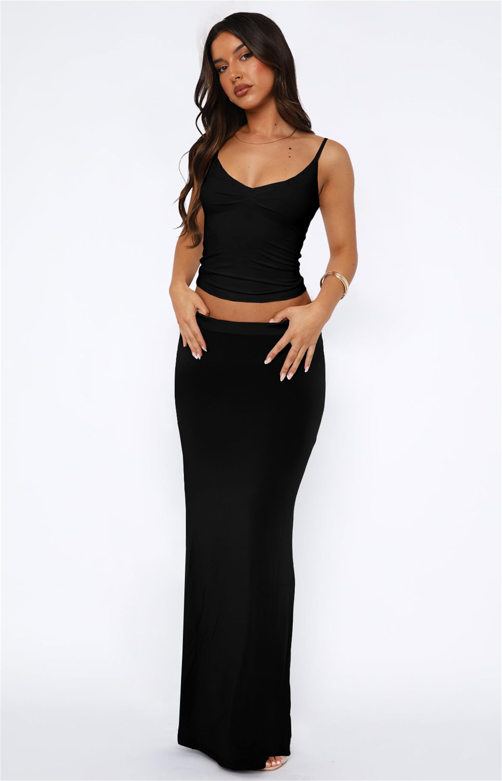 Sexy Women's Two Piece Skirt Set - Sleeveless Spaghetti Strap Pleated Tank Top with Maxi Long Skirt | Summer Outfits, Beachwear, Date Night Dresses, Casual Chic Fashion