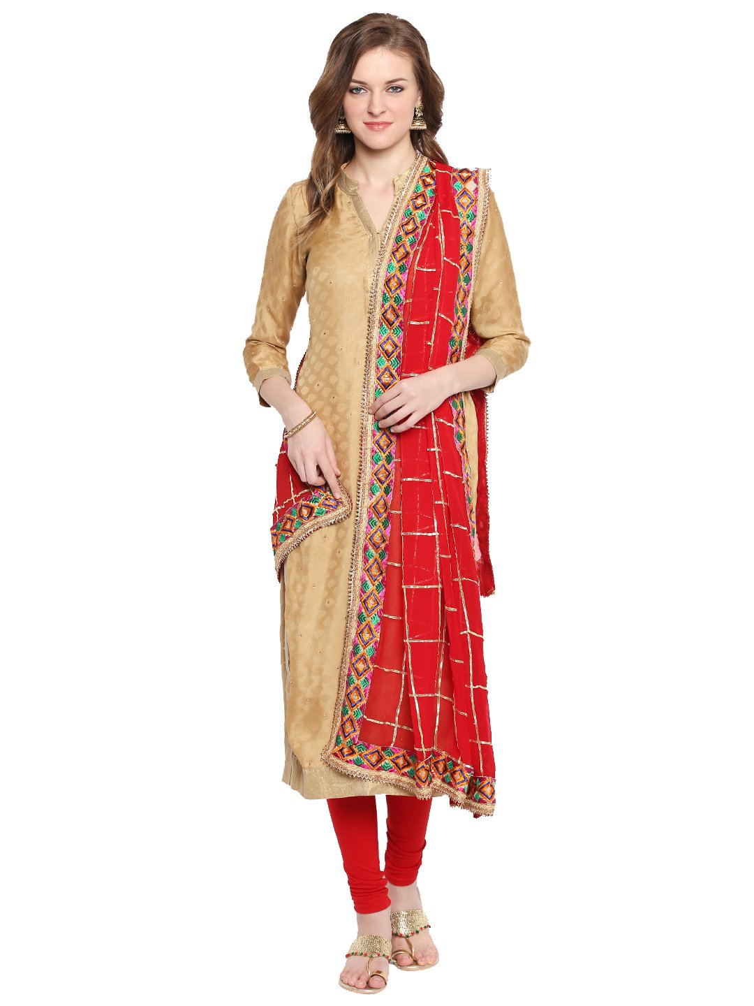 Stylish Red & Gold Phulkari Border Dupatta Scarf for Women - Perfect for Weddings, Parties & Ethnic Outfits
