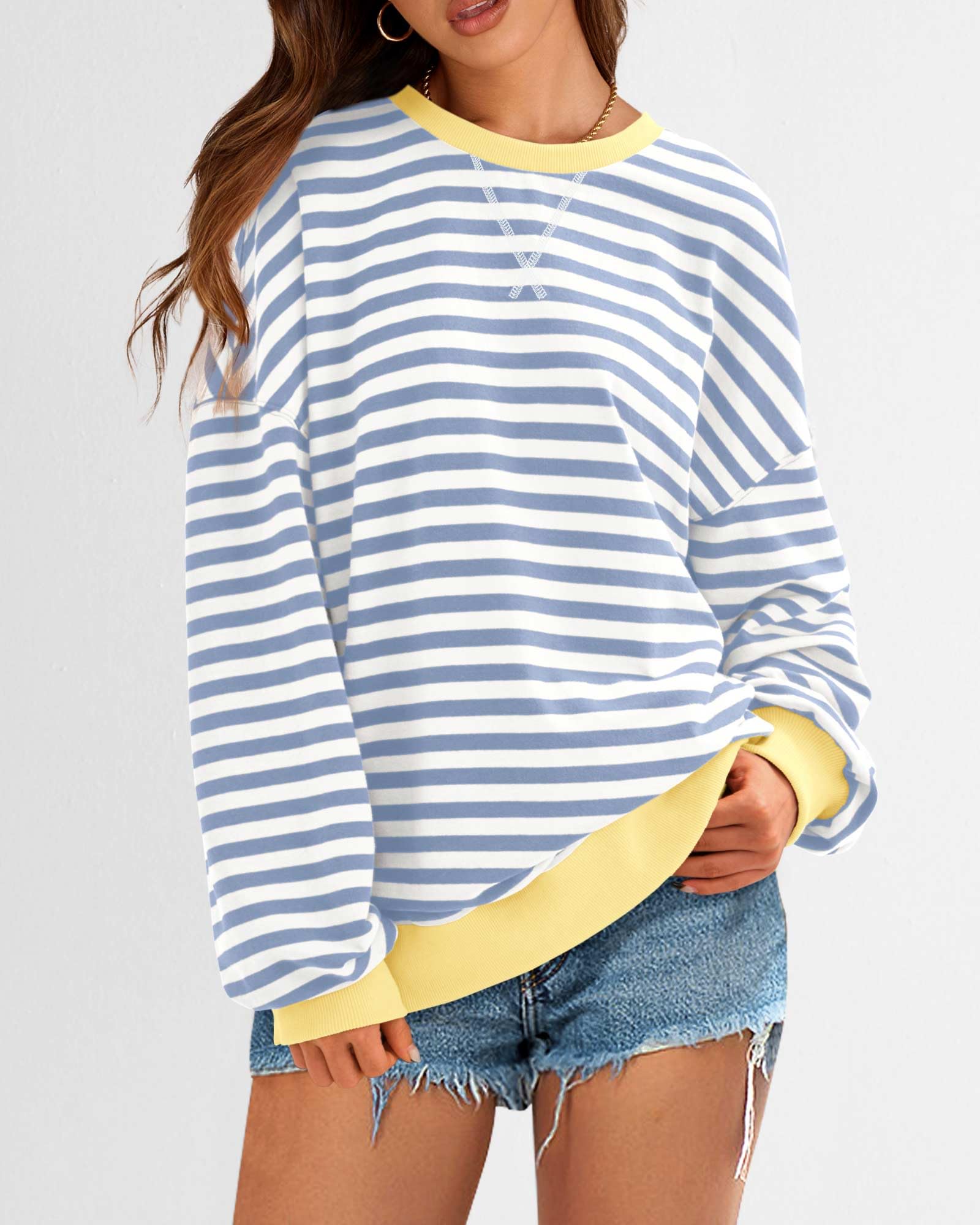 BTFBM Women's Striped Pullover Sweatshirt - Soft Long Sleeve Crewneck Y2K Loose Fit Fall Tops 2025 | Trendy Casual Outfits for Autumn, Streetwear & Cozy Loungewear