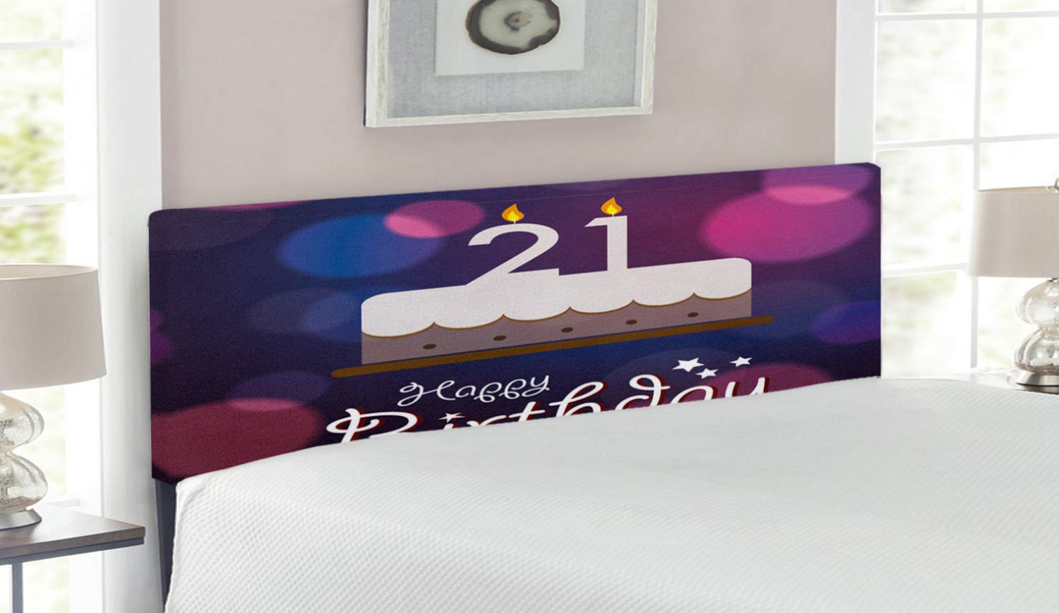 Ambesonne 21st Birthday Headboard - Happy Birthday Words with Stars on Pink Abstract Design, Upholstered Metal Bed Headboard with Memory Foam, Queen Size, Eggplant Purple - Perfect for Birthday Decorations & Bedroom Makeovers