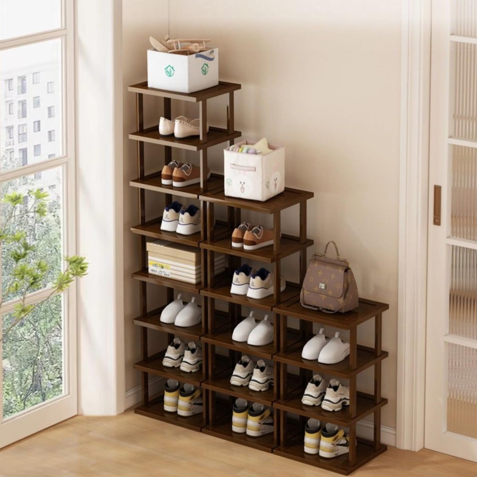 12-Tier Vertical Bamboo Shoe Rack Organizer - Space Saving Narrow Shoe Shelf for Entryway, Closet & Corner | Stackable DIY Shoe Storage for Small Spaces | Perfect for Apartments, Dorm Rooms & Tight Spaces