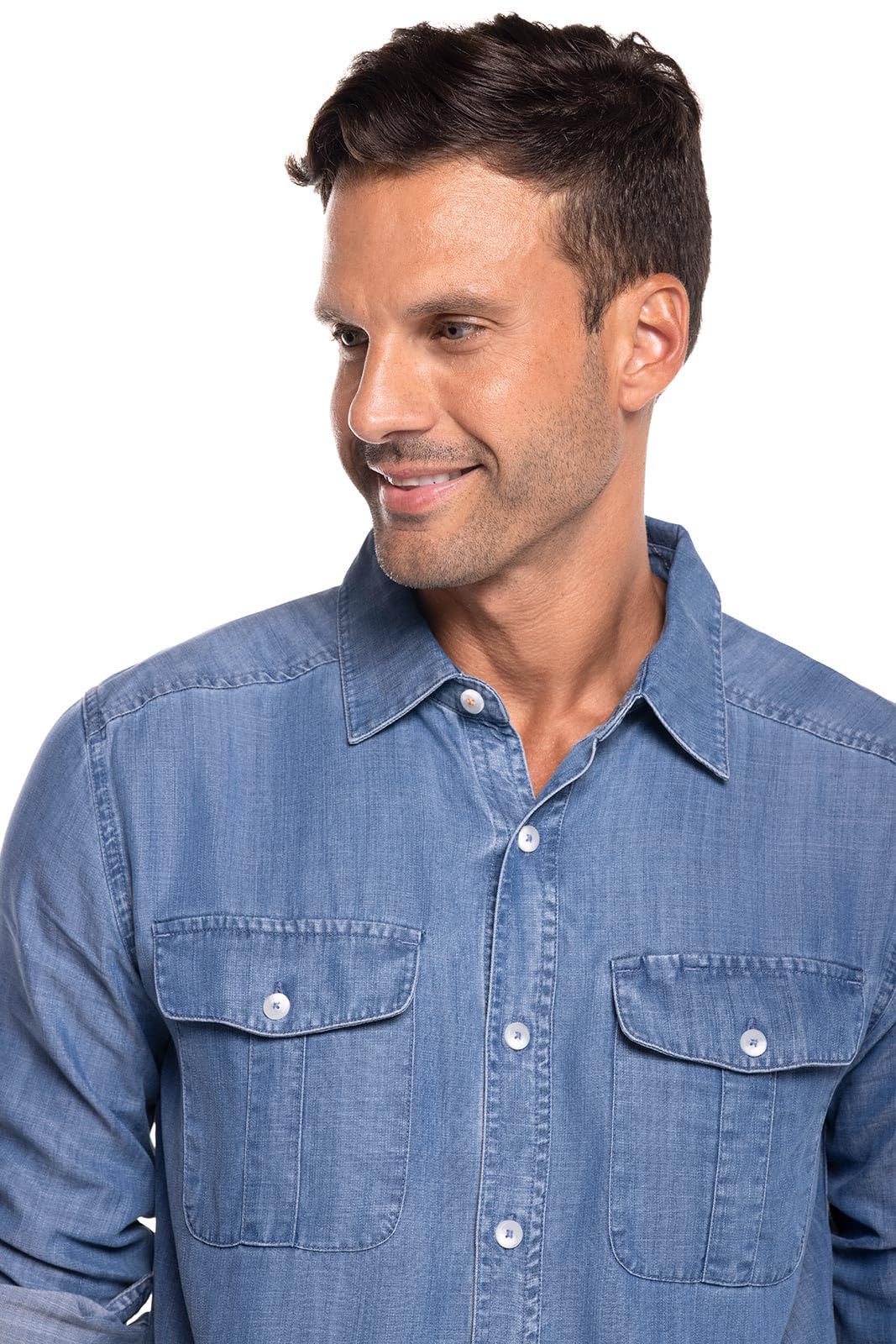 Coolibar UPF 50+ Men's Carson Chambray Sun Protective Shirt - Lightweight Long Sleeve UV Protection for Outdoor Activities, Hiking, and Beach Wear