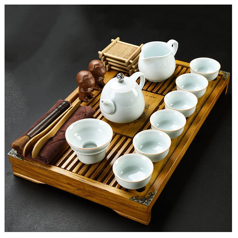 Premium Chinese Gongfu Tea Set - Ceramic Teapot with 6 Cups & Saucers, Tea Tray & Travel Case | Traditional Japanese Style Buddha Zen Tea Ceremony Set for Home, Office & Travel Use