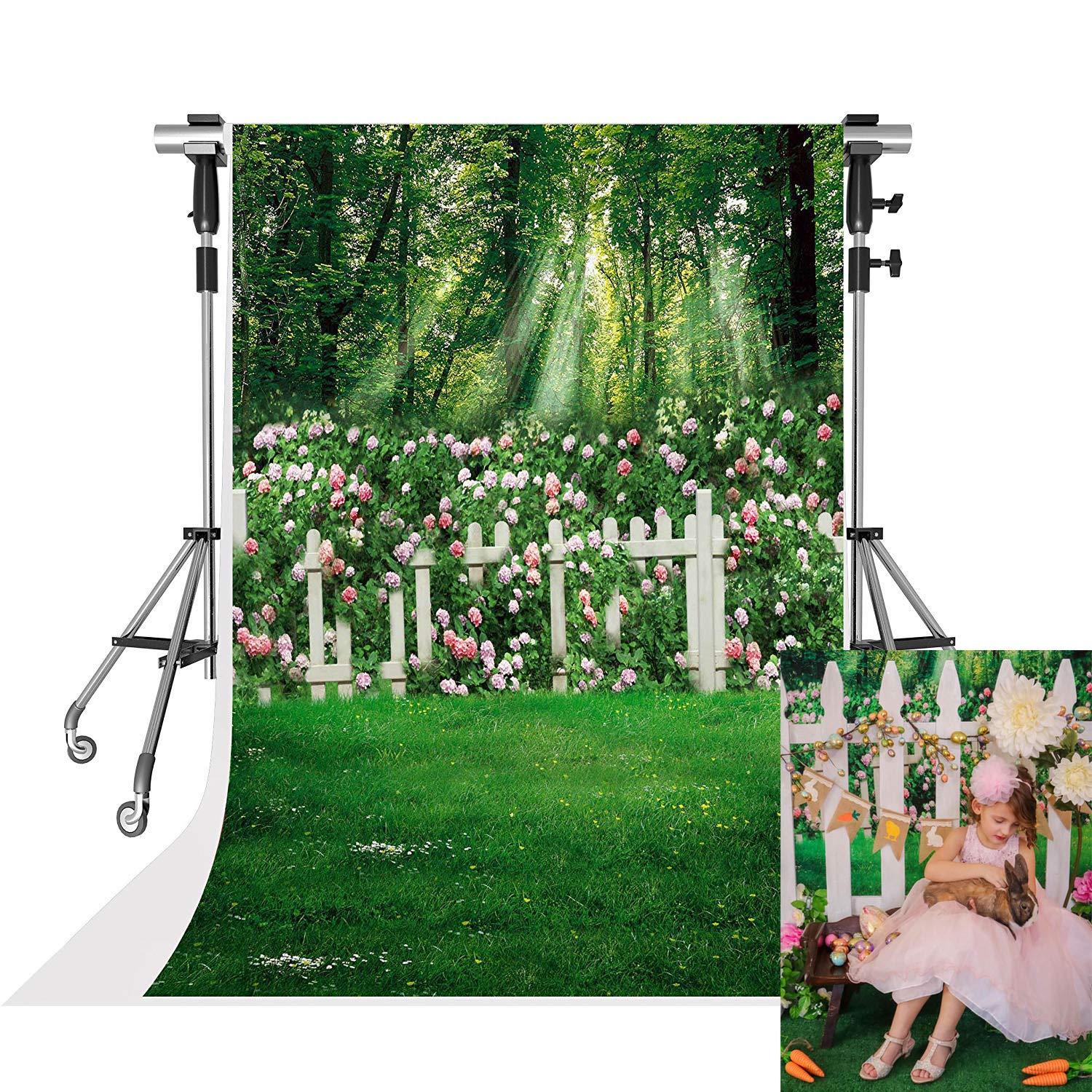 6.5x10ft Green Grass with Pink Flowers Microfiber Photography Backdrop - Spring Garden Photo Background for Easter Party, Family Portraits & Studio Decor