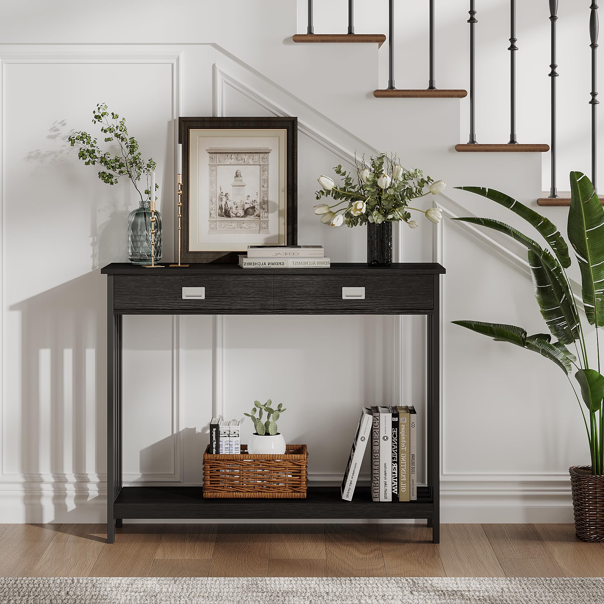ChooChoo Black Entryway Table with Drawer - Narrow Console Table & Sofa Table with Storage Shelf - Perfect for Entryway, Living Room, Hallway & Small Spaces - Modern Home Decor & Functional Furniture