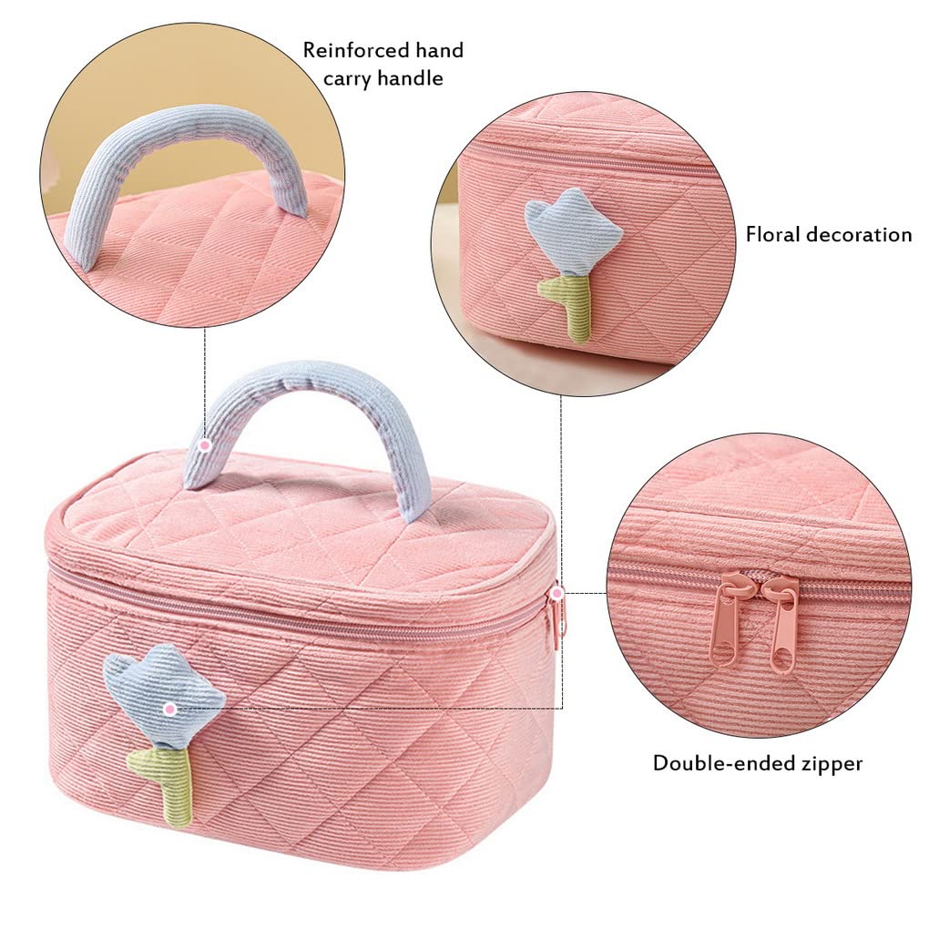 ACMEDE 3D Tulip Flower Makeup Bag for Women - Large Capacity Travel Cosmetic Organizer with Zipper, Corduroy Toiletry Bag for Girls | Perfect for Travel, Gym & Daily Beauty Storage (Beige)
