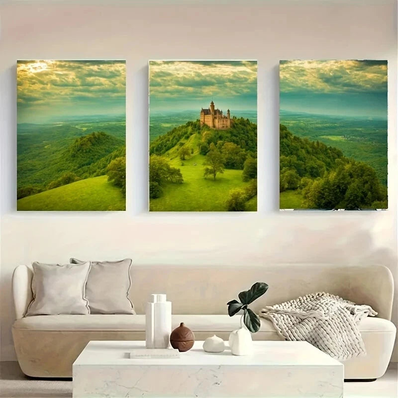 3-Piece Wolf Metal Wall Art Print - Castle on Hill Landscape - Ready to Hang Home Decor for Living Room, Bedroom & Office
