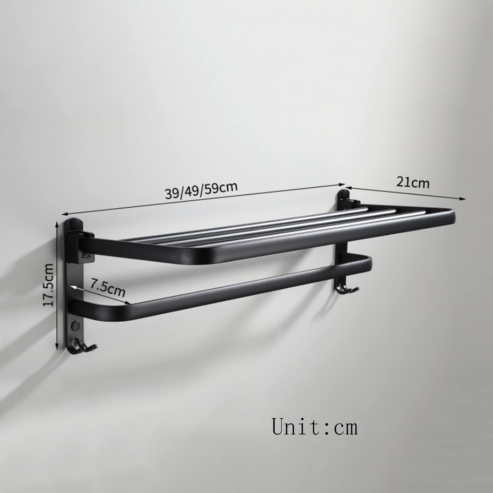 Sturdy 59cm Aluminum Alloy Wall-Mounted Bathroom Towel Rack - Double Folding Shelf with Hooks & Bar, Rustproof Matte Black - Perfect for Small Bathrooms, Spa Rooms & Luxury Hotels
