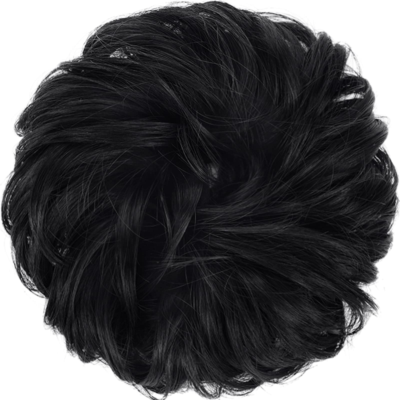 FESHFEN Wavy Curly Messy Hair Bun Extensions - Donut Hair Chignon, Wig Scrunchy, Ponytail Hairpiece - Perfect for Updos, Parties & Everyday Styling (Jet Black)