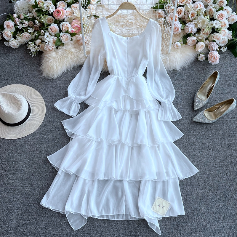Elegant White Long Sleeve Fairy Dress with Square Collar and Ruffles - Perfect for Autumn Weddings, Parties & Special Occasions