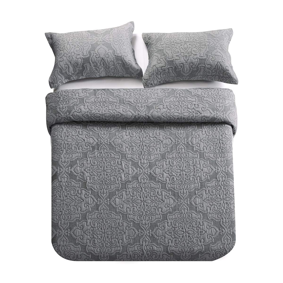 Travan 3-Piece King Size Quilt Set - Ultra Soft Microfiber Lightweight Bedspread & Shams - All Season Bedding Set in Grey - Perfect for Master Bedroom, Guest Room & Cozy Home Decor