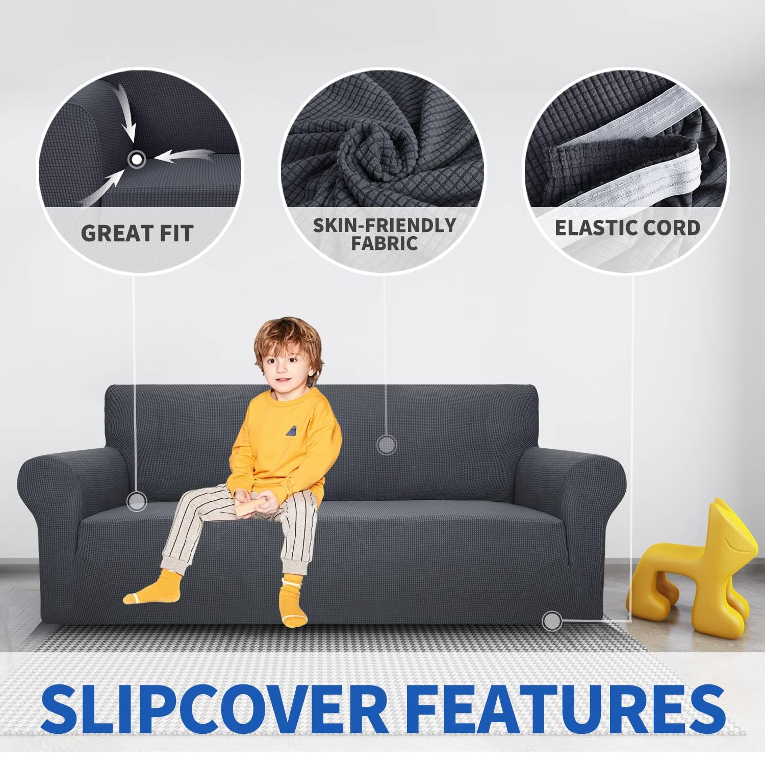 MAXIJIN Stretch Loveseat Sofa Slipcover - 1 Piece Washable Pet Proof Couch Cover for 2 Cushion Love Seat, Non-Slip Furniture Protector in Gray - Perfect for Living Room, Apartment & Pet-Friendly Homes