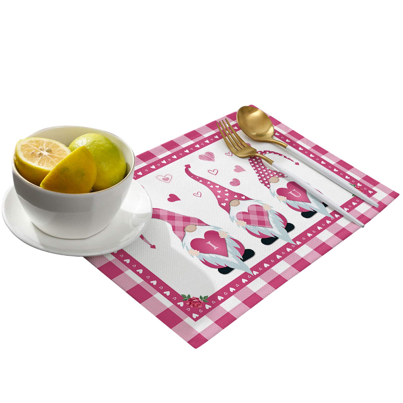 Valentine's Day Placemats Set of 4 - Pink Gnome Heart Design, Rose Pink Buffalo Check Plaid Table Mats for Dining Table - Non-Slip Home Decor for Wedding, Party & Romantic Dinners