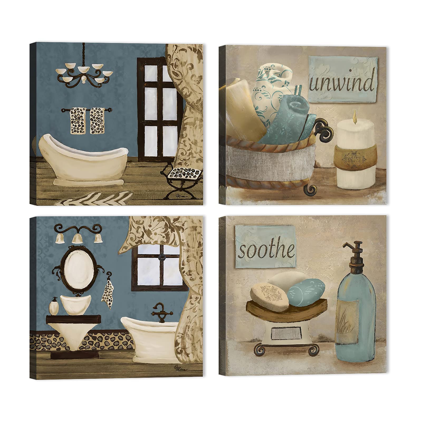 GUTTATY 4-Piece Bathroom Wall Art Set - Vintage Still Life Canvas Prints (20x20 Inches, 4 Panels) - Framed Ready-to-Hang Decor for Bathroom, Bedroom & Living Room - Perfect Gift for Women & Men