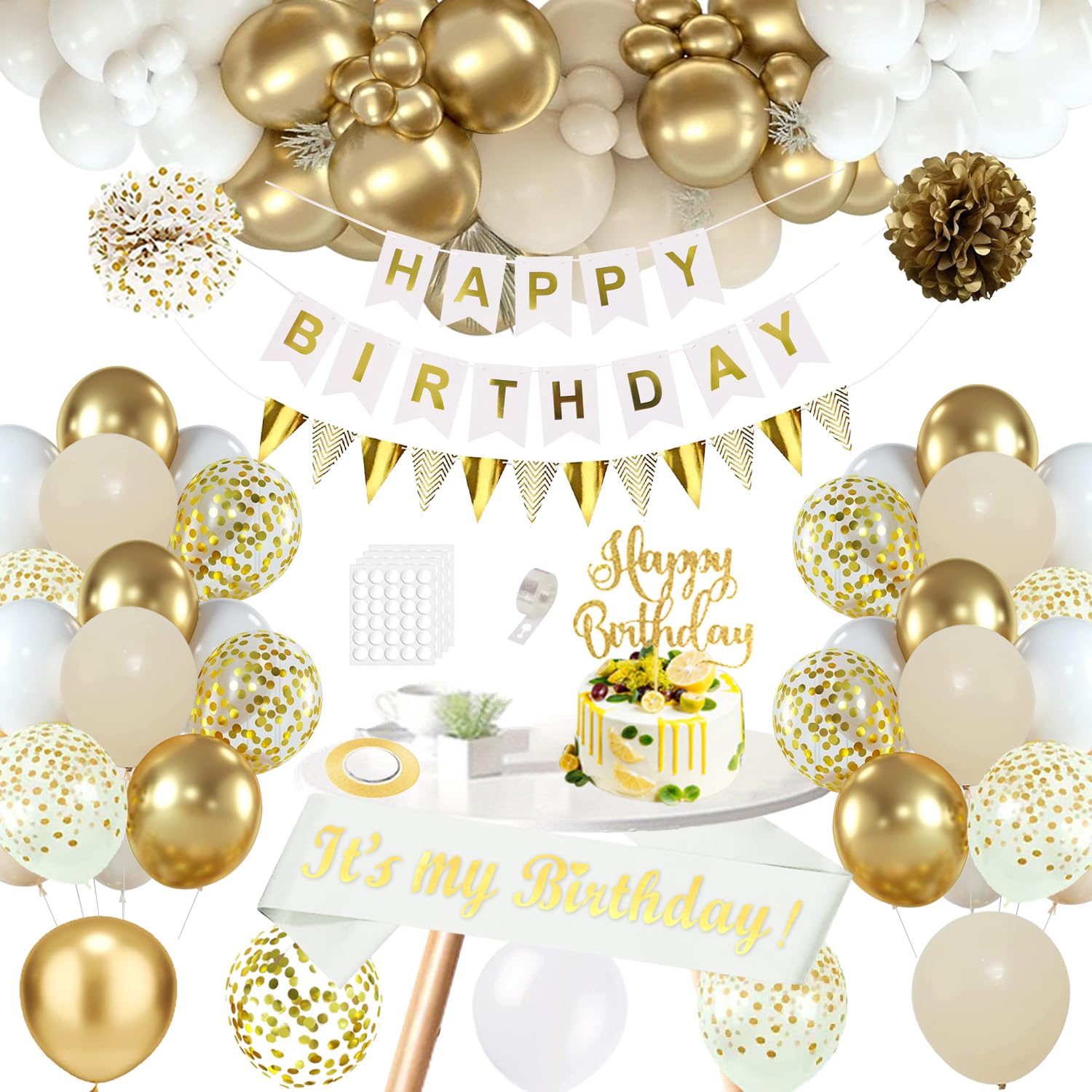 Elegant White and Gold Party Decorations Set - Happy Birthday Banner, Sash, Confetti Balloons for Women, Men, Girls & Boys | Perfect for Birthday Celebrations, Anniversary Parties, Bridal Showers and Special Events