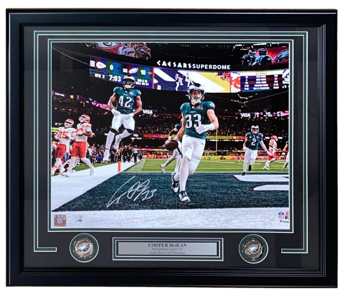 Cooper DeJean Autographed 16x20 Framed Eagles Super Bowl 59 Pick Six Photo - Limited Edition Collectible for Football Fans - Perfect for Man Cave, Sports Bar, or Gift for Eagles Supporters