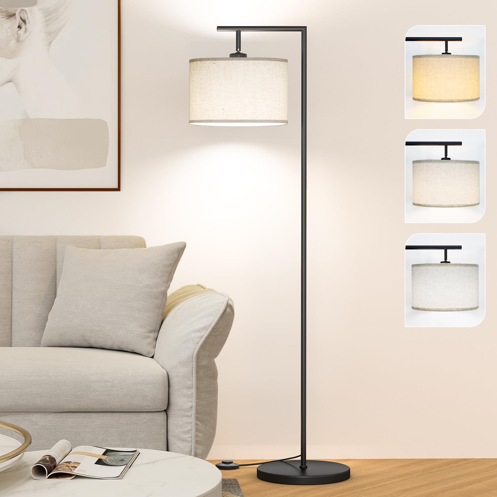 Adjustable 3-Color Temperature Floor Lamp with Beige Linen Shade - 9W LED Standing Light for Living Room, Bedroom, Office, Classroom & Dorm - Perfect for Reading, Working & Relaxing (Black)