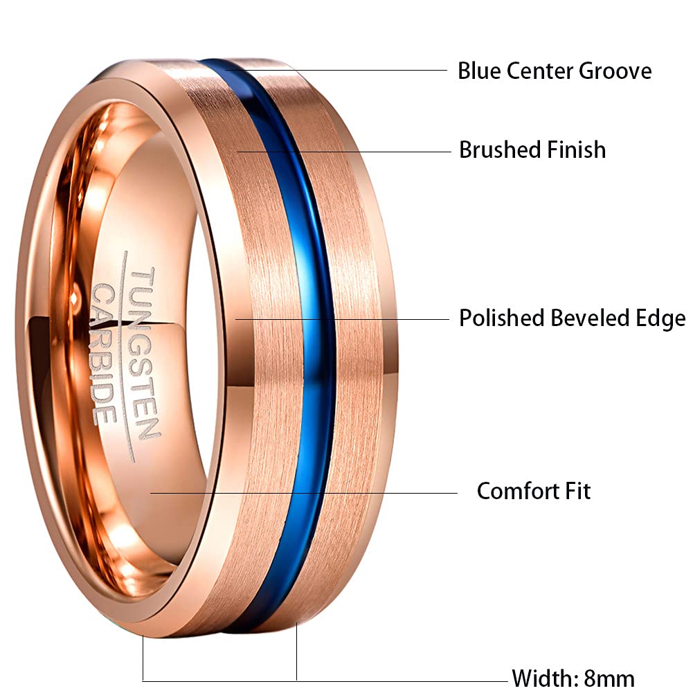 8mm Tungsten Wedding Rings for Men - Rose Gold, Blue Grooved, Black & Brown Two Tone Bands - Sizes 5-14 - Durable & Scratch-Resistant for Everyday Wear, Anniversary Gifts & Special Occasions