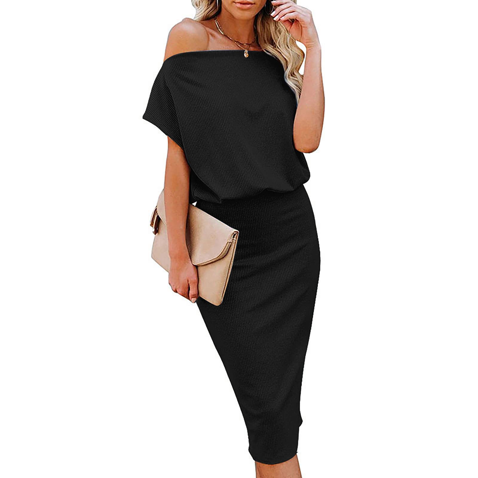 QWKLEAJ Women's Off Shoulder Formal Dress - Solid Color Slim Midi Cocktail Dress for Wedding Guest, Evening Party, Prom & Special Occasions