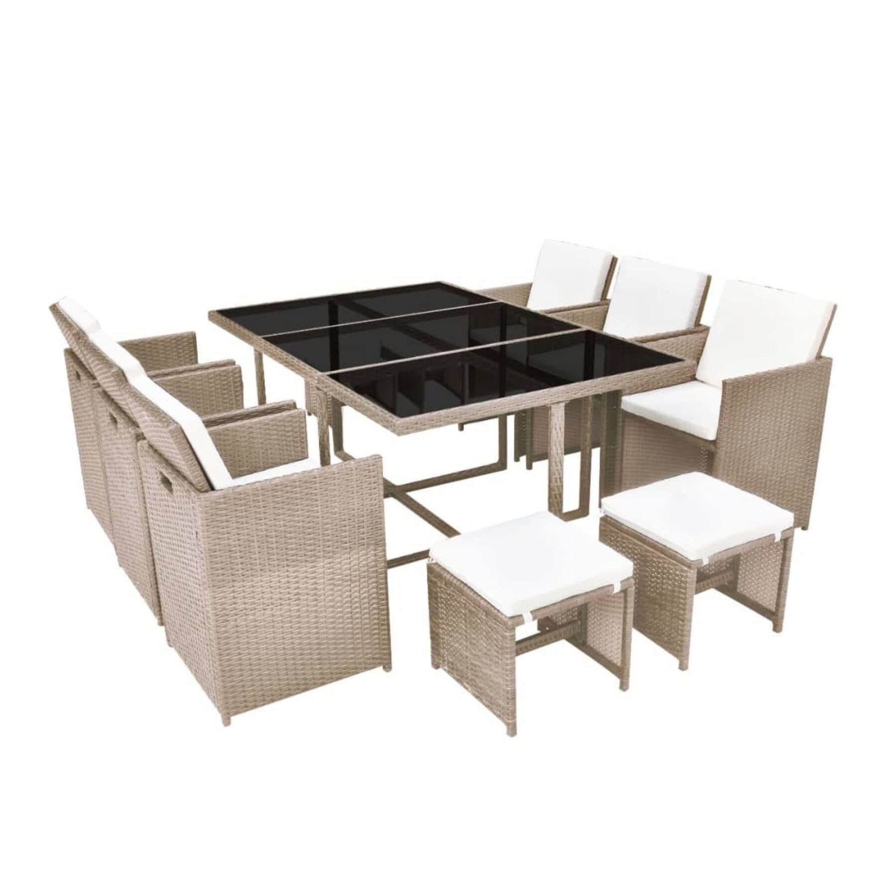 11-Piece Outdoor Dining Set with Cushions - Poly Rattan Patio Furniture in Beige for Porch, Garden & Backyard Entertaining
