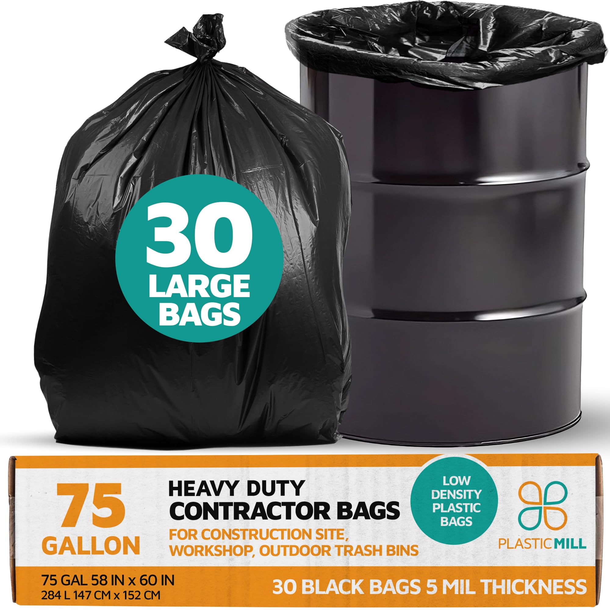 Heavy Duty 75-Gallon Contractor Trash Bags - 5 Mil Thick, 58
