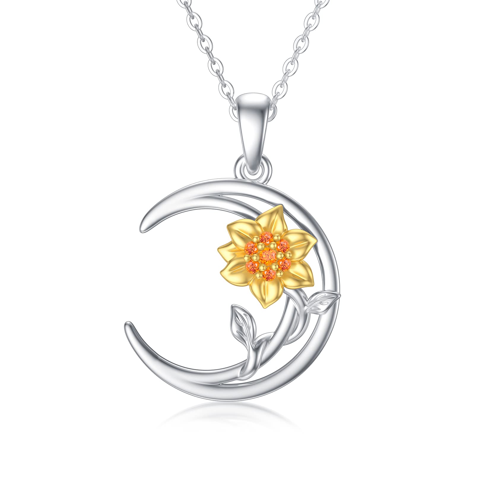 14K Solid Gold Sunflower Necklace for Women - Two Tone Sunflower Moon Pendant Jewelry, Anniversary Gift for Mom, Wife, Girlfriend - 16
