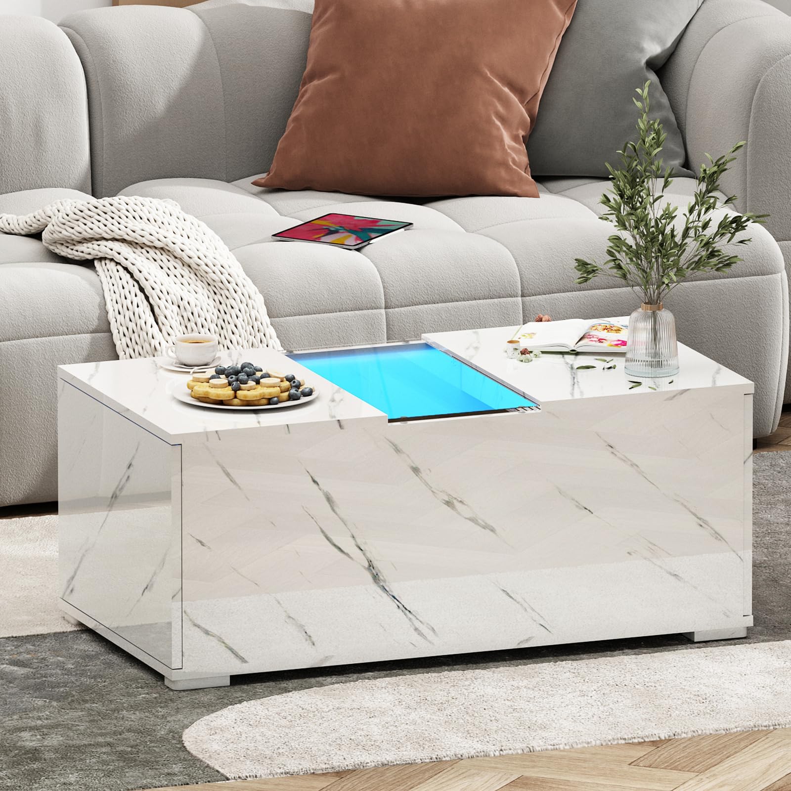 Modern White LED Coffee Table with Storage Drawers - 16 Color Changing High Gloss Glass Top Center Table for Living Room & Bedroom - Perfect for Entertaining, Relaxing & Stylish Home Decor