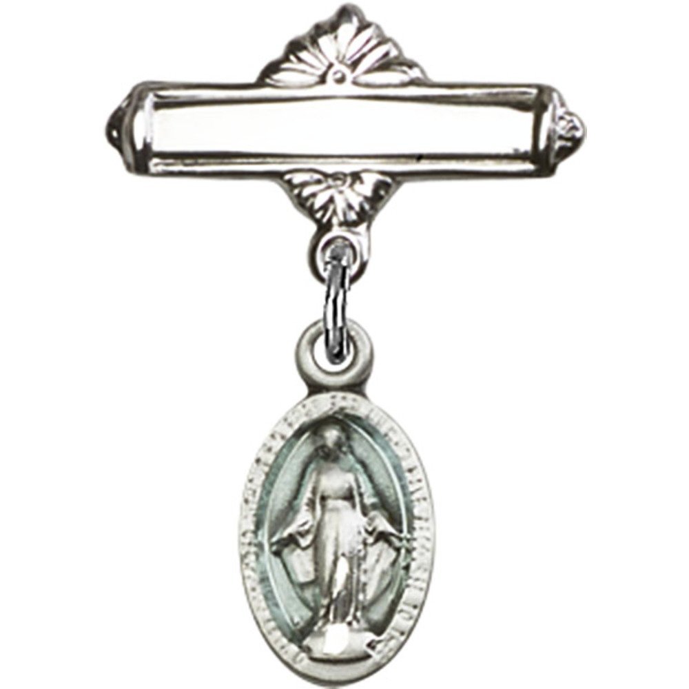 Sterling Silver Baby Badge with Blue Miraculous Charm - 1 X 5/8 Inch Polished Pin for Christening, Baptism & Special Occasions - Elegant Keepsake Gift for Newborns