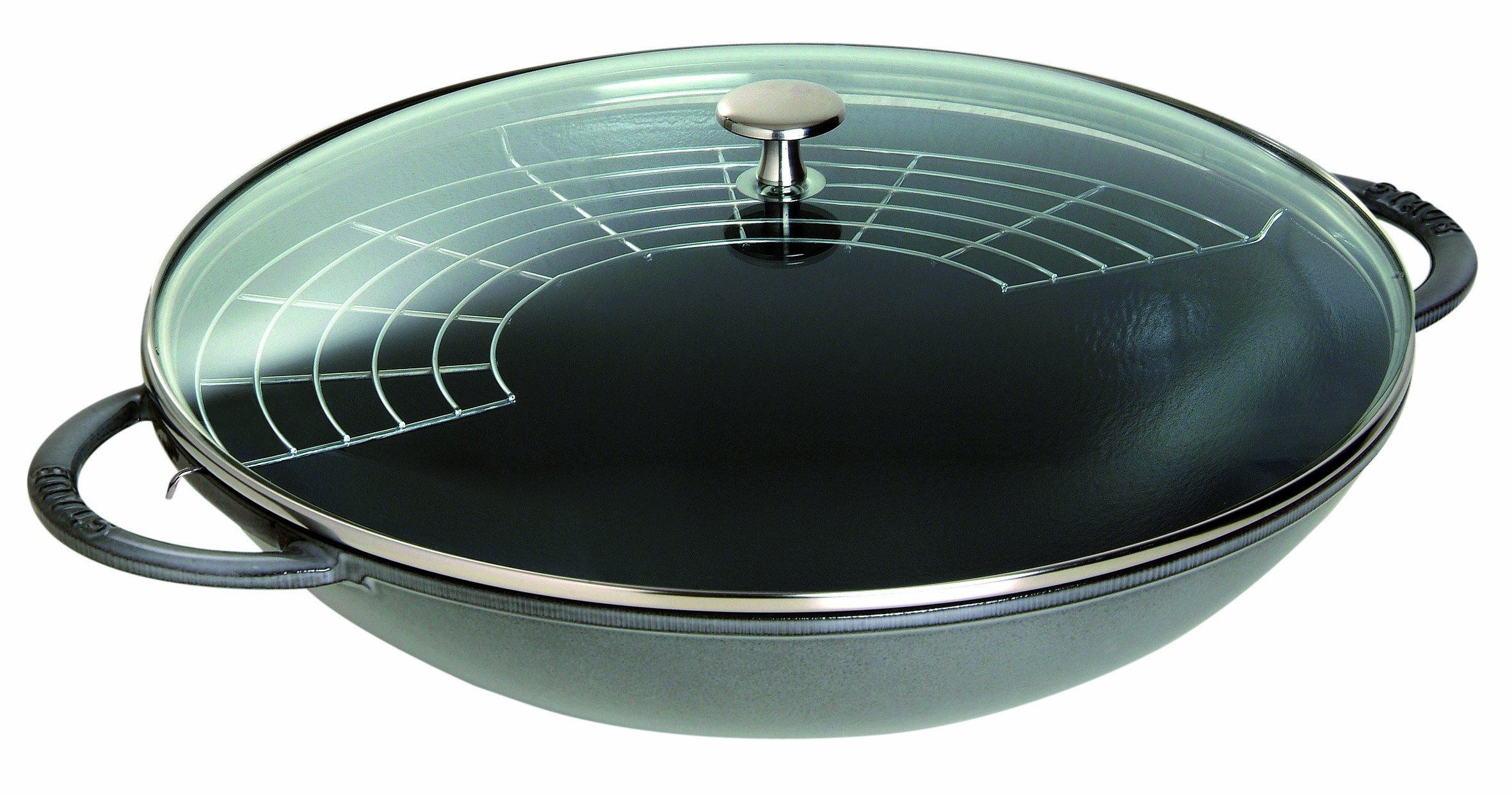 Staub 40509-336 14.6 Inch (37 cm) Gray Enameled Cast Iron Wok with Glass Lid - Induction Compatible Chinese Stir Fry Pan with Tempura Grill - Perfect for Asian Cooking, Stir Frying & Deep Frying at Home