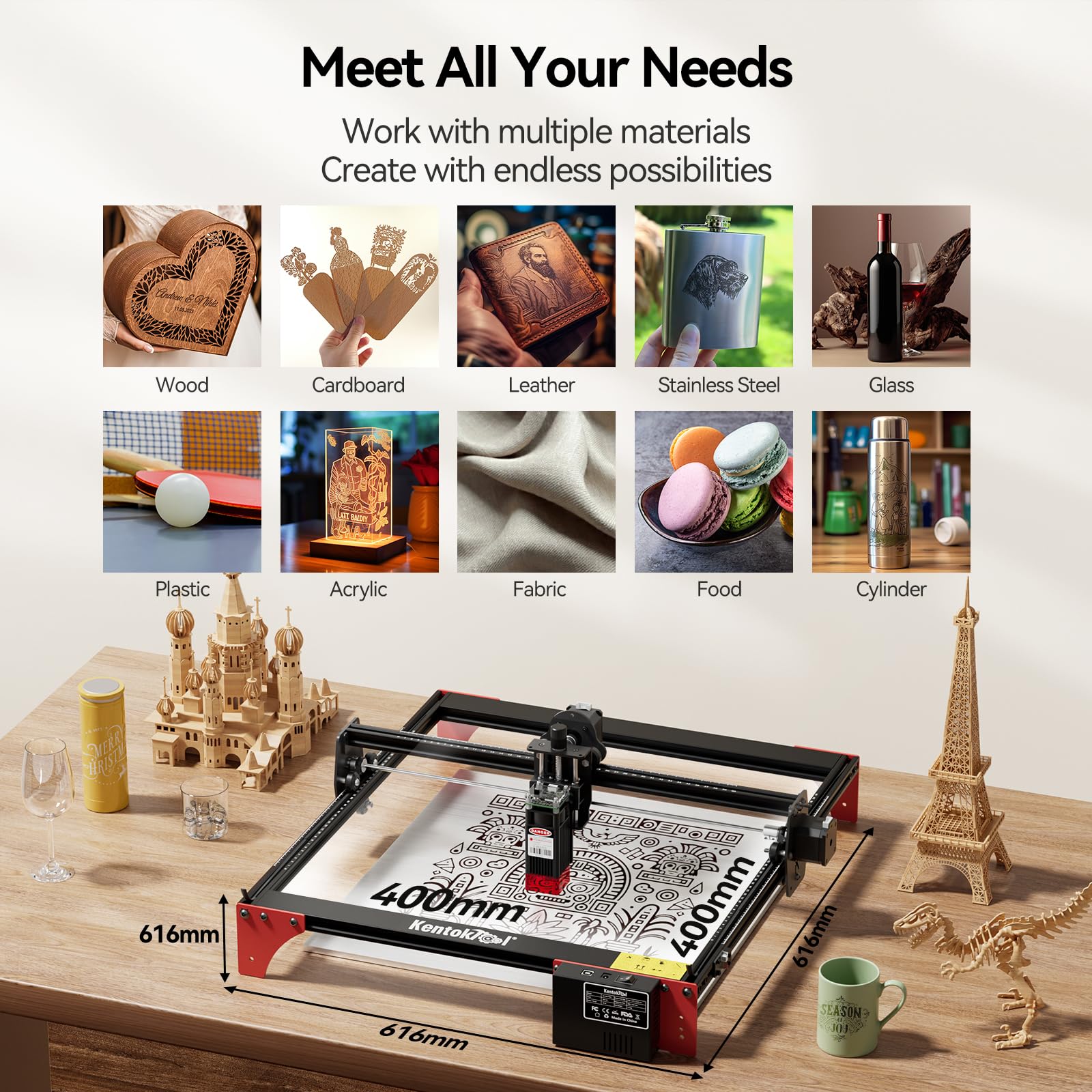 KENTOKTOOL LE400PRO 50W Laser Engraver & Cutter Machine - 5.5W High Precision for Wood, Acrylic, Leather - Beginner-Friendly DIY & Commercial Use - Perfect for Home Crafts, Jewelry Making, Signage & Personalized Gifts