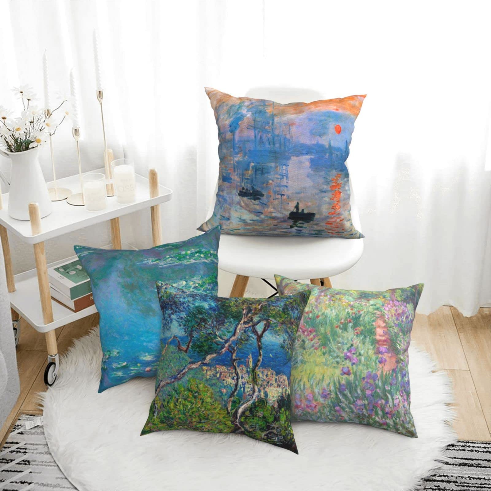 Claude Monet Impressionist Pillow Covers Set of 4 - 18x18 Inch Water Lilies & Sunrise Painting Cushion Cases for Living Room, Bedroom Decor