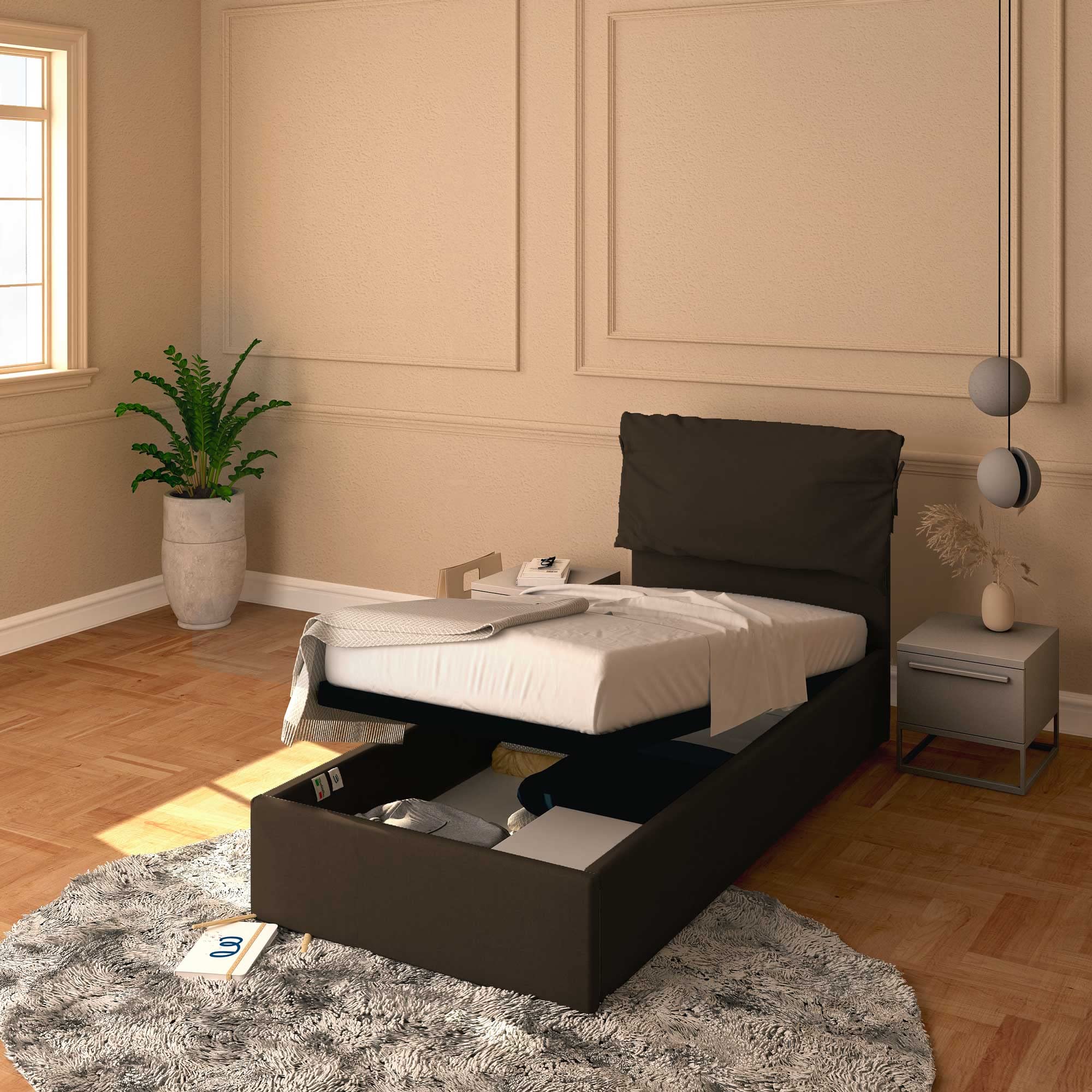 Baldiflex Licia Soft Single Bed with Storage - Synthetic Leather Upholstery, Slatted Base for Single Mattresses, 80 x 190 cm, Padded Headboard, Dark Brown - Perfect for Small Bedrooms, Guest Rooms & Studio Apartments