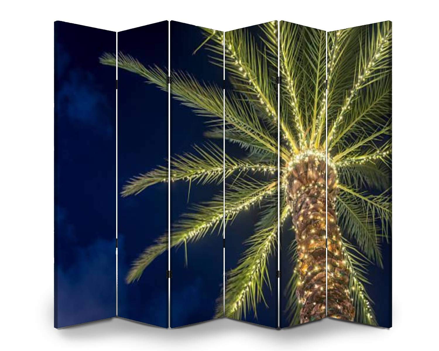 Wooden Screen Room Divider - Tropical Palm Tree Design with Christmas Decor - 6-Panel Folding Privacy Partition for Indoor Spaces - Perfect for Home Offices, Living Rooms, and Bedroom Decor